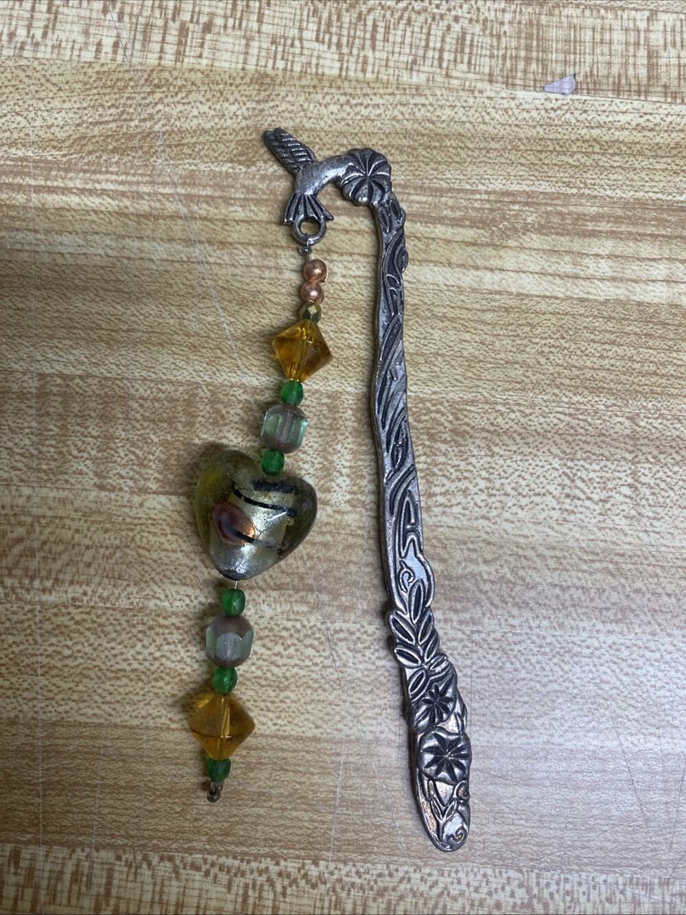 Handmade Hummingbird Bookmark Pewter Hook Beads Heart Charm
